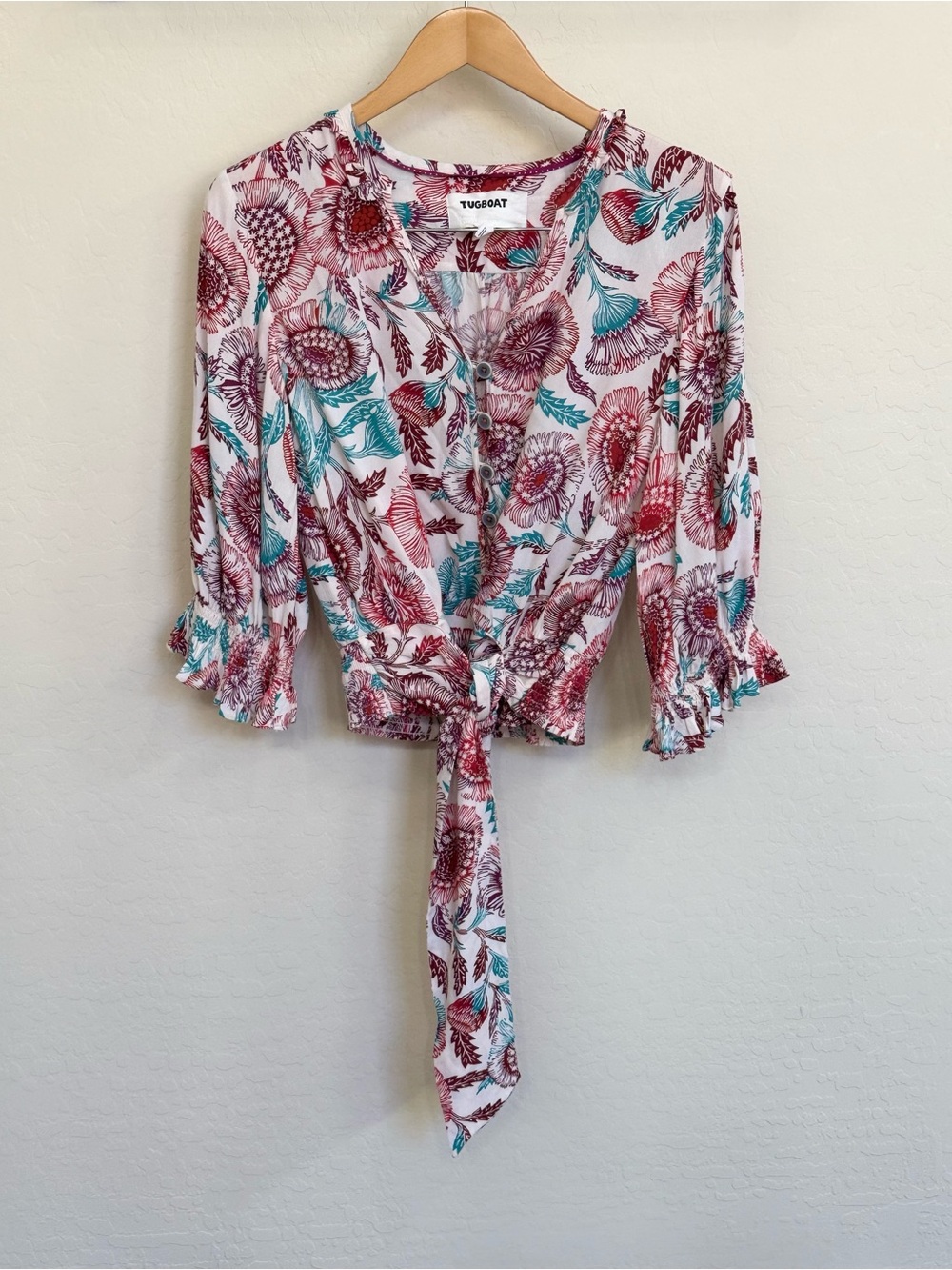 Anthropologie Tugboat Printshop Saraya Floral Tie-Front Blouse Size S